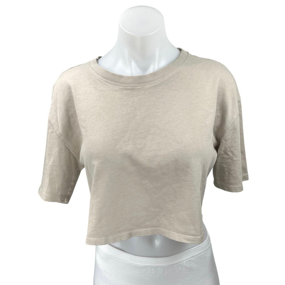 Zara Women's Cream Beige Short Sleeve Crew Neck Cropped Tee T-Shirt Top Size S